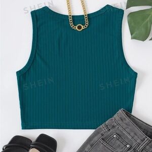 Solid Ribbed Knit Tank Top Teal Blue